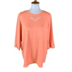 Silverts Peach Embroidered Floral Pullover Top 3/4 Sleeve Stretch Knit Shirt L